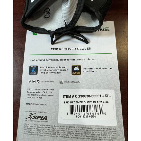 Cutters Football Epic Receiver Gloves Adult L/XL Grip Palm New with Tags - Picture 3 of 7